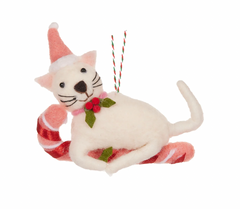 Wool Cream Cat with Candy Cane