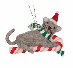 Wool Grey Cat with Candy Cane