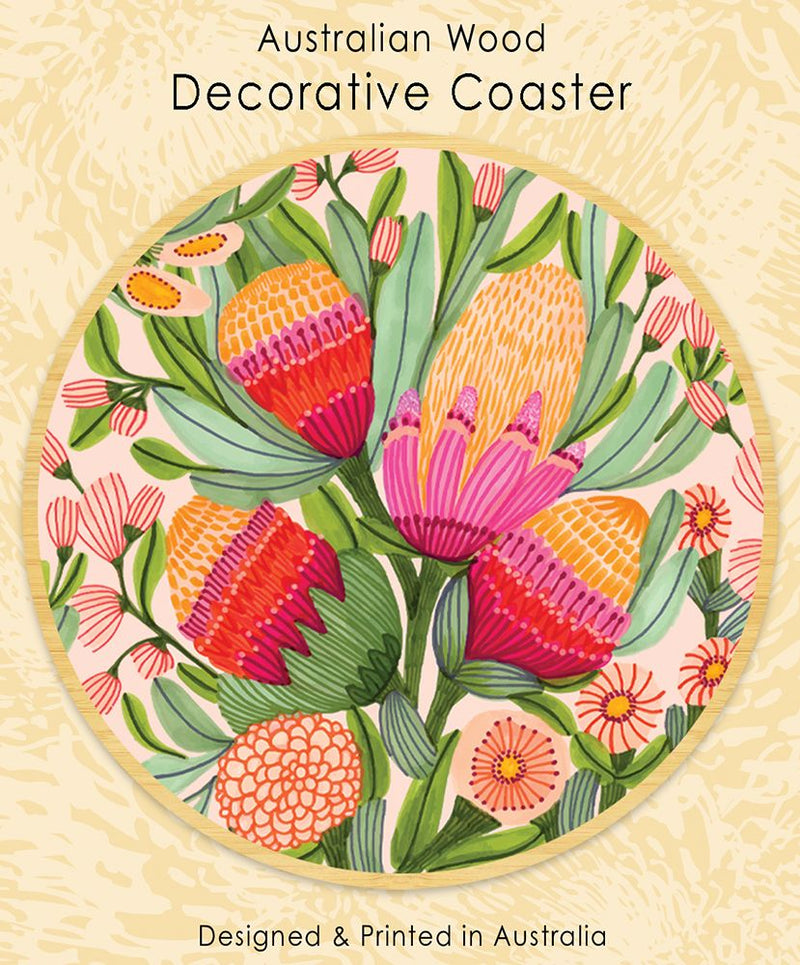 Australian Wood Decorative Coaster - Protea & Gum Blossom