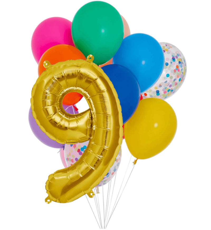 INFLATED Balloon Bunch Rainbow + Gold Foil Number
