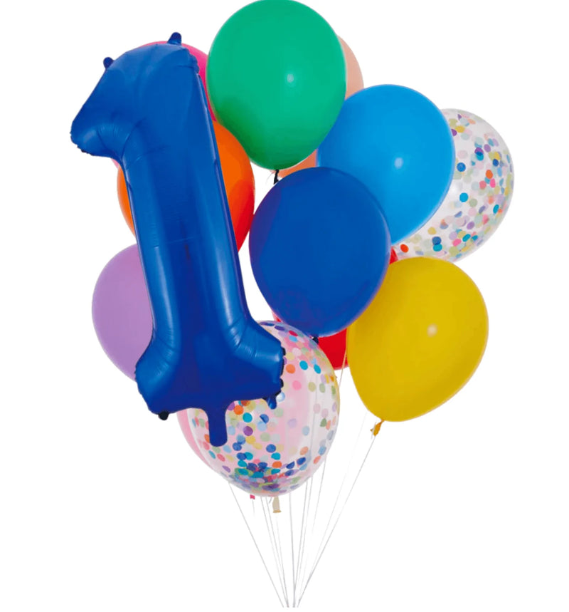 INFLATED Balloon Bunch Rainbow + Blue Foil Number