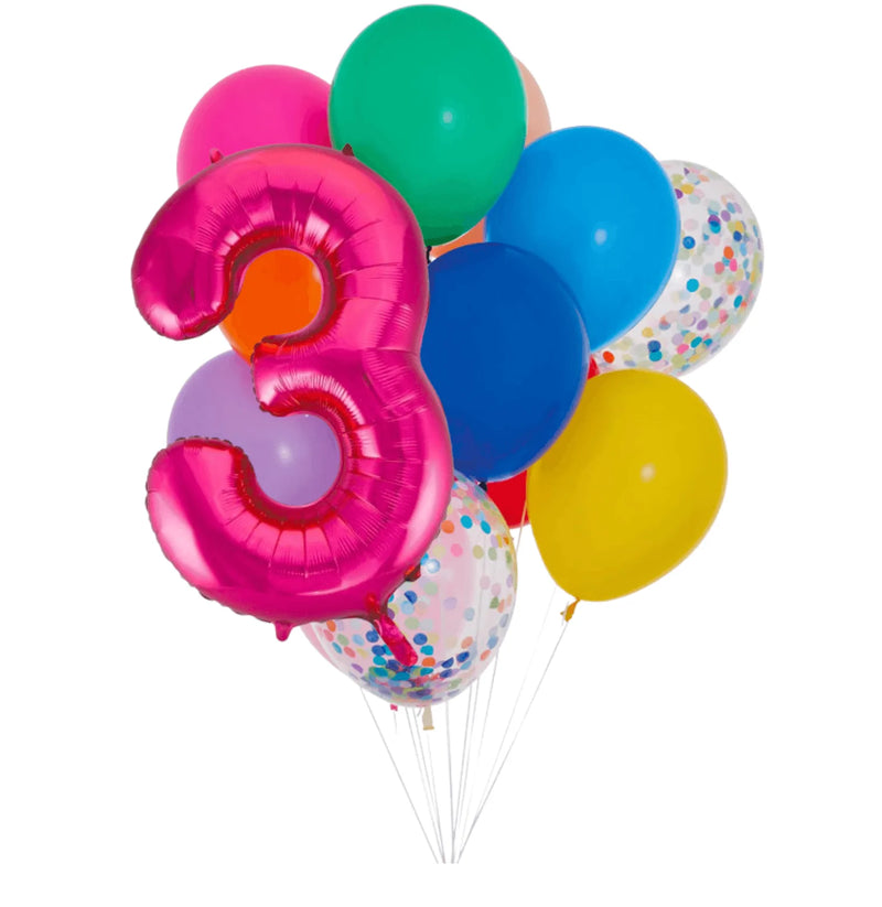 INFLATED Balloon Bunch Rainbow + Pink Foil Number