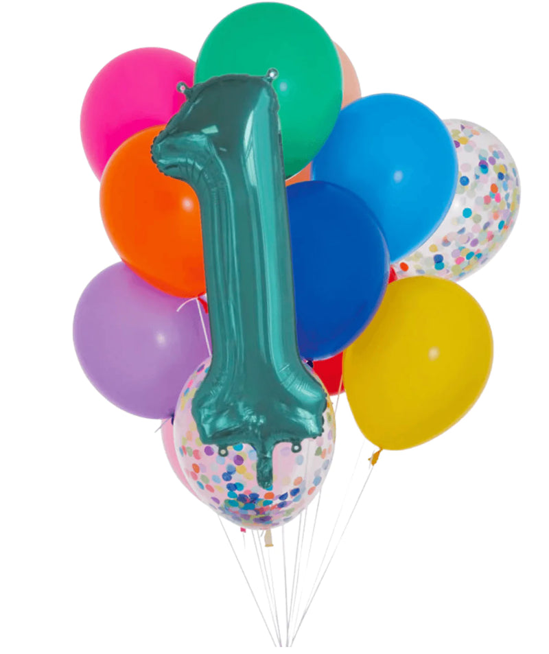 INFLATED Balloon Bunch Rainbow + Teal Foil Number