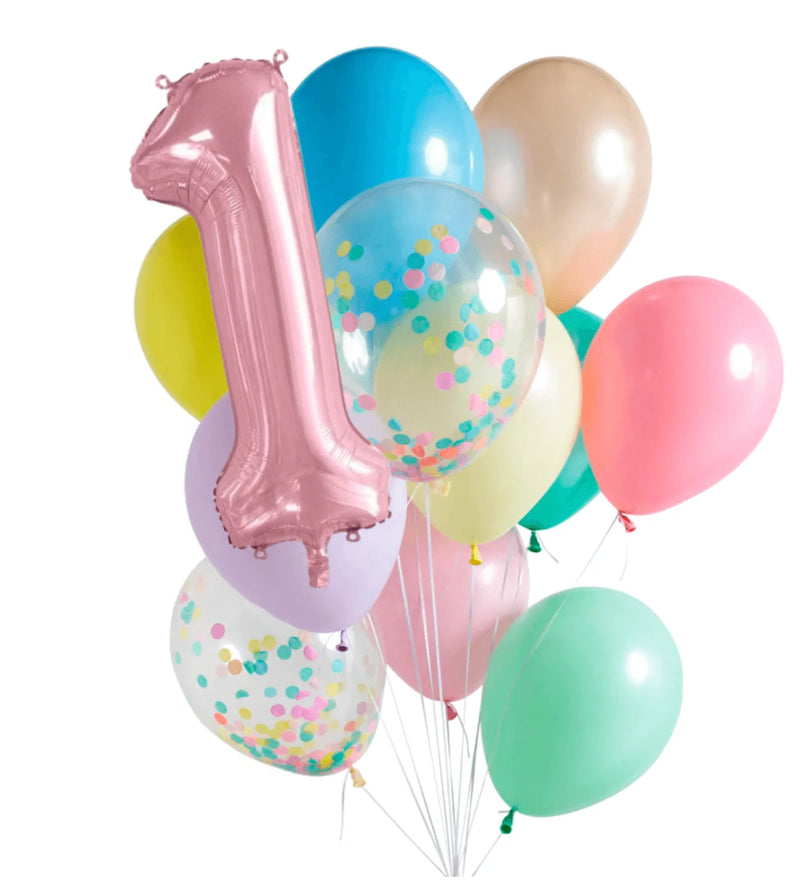 INFLATED Balloon Bunch Pastel Rainbow + Pastel Pink Foil Number