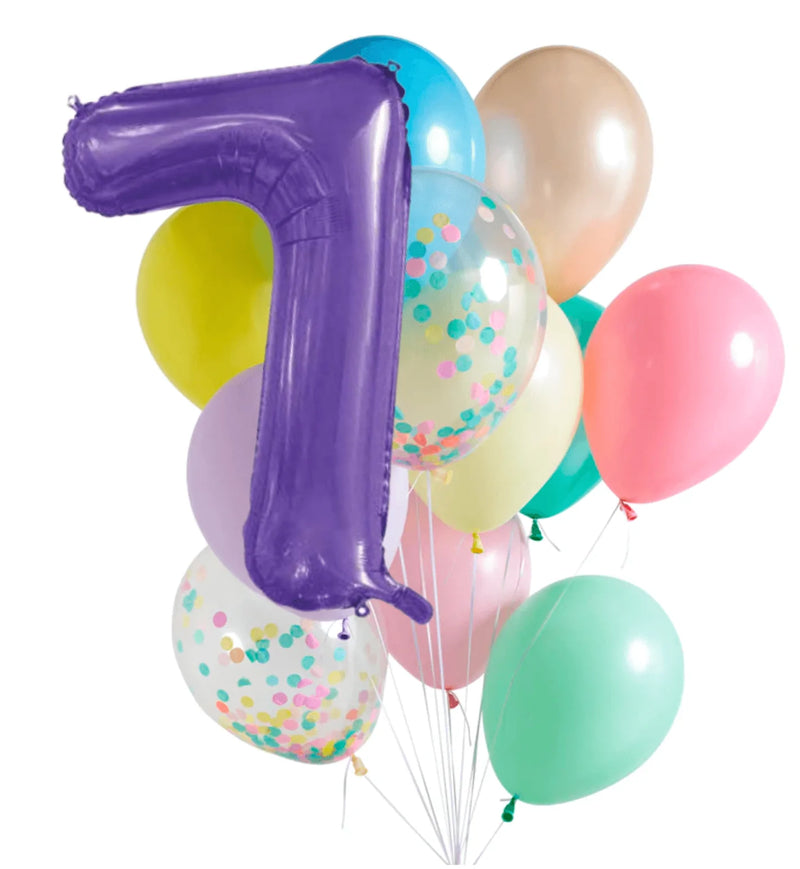 INFLATED Balloon Bunch Pastel Rainbow + Purple Foil Number