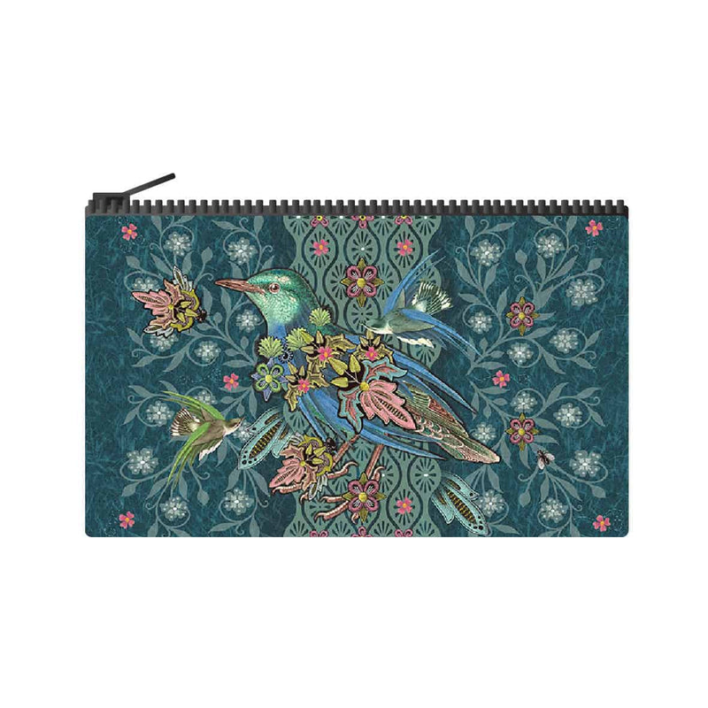 Velour Flat Pouch – Blue Embroidered Bird
